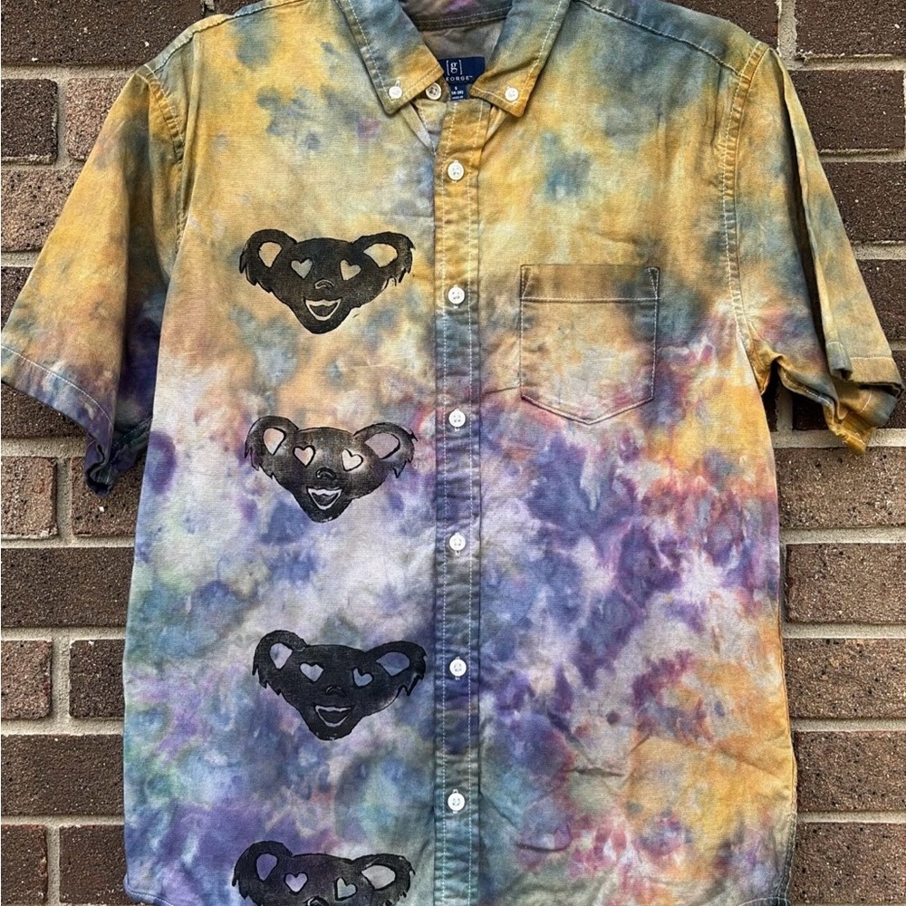 Tie-Dye Button-Up Shirt with Heart Faces
